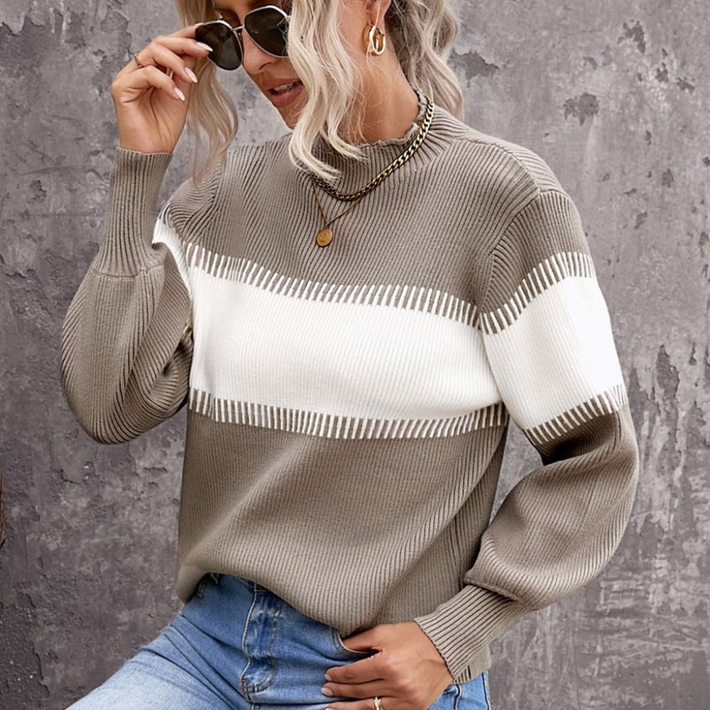 Khaki Color Block High Neck Pullover Sweater - Picture 5 of 6